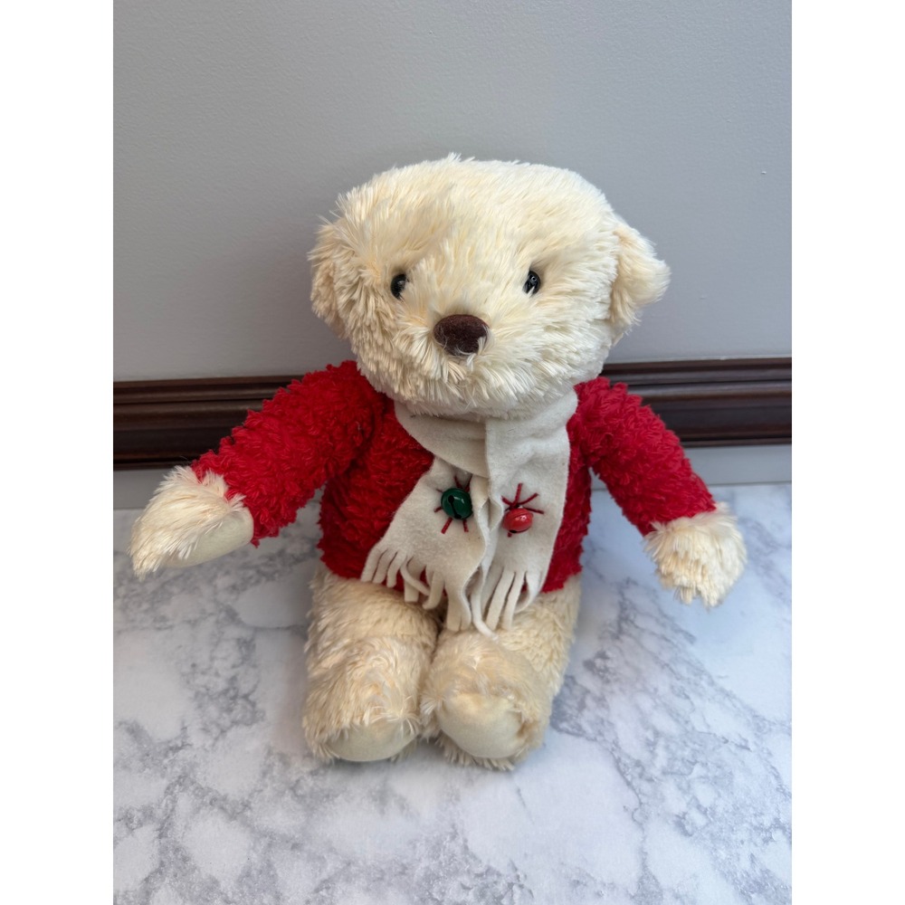 Hallmark Christmas Teddy Bear Cream Plush Red Sweater White Scarf 13" Holiday